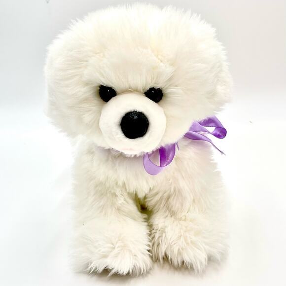 Aurora World White Fluffy Dog Plush Sitting Freckles Pink Tongue Purple Ribbon